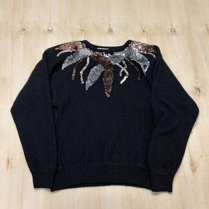 Vintage Donagain Sweater Womens Med Black Sequin Embellished Crew Neck Pullover
